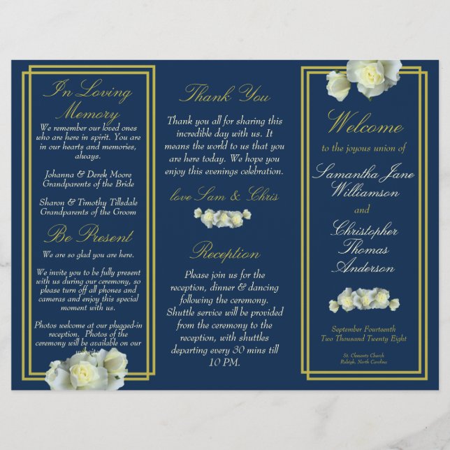 Hochzeitsprogramm für Navy Blue-Script-Rose (Vorderseite)