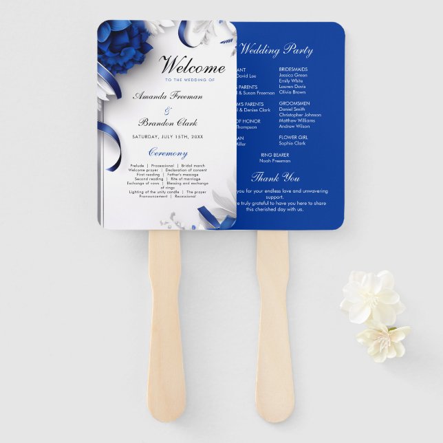 Hochzeitsprogramm für Navy Blue & Silver Blume Rib Fächer (Vorne und Hinten)