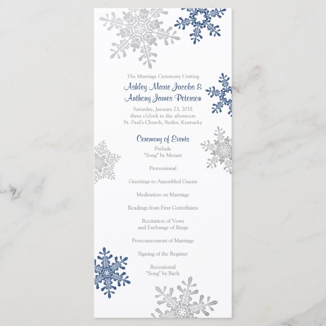 Hochzeitsprogramm für Navy Blue Silver Snowflake Programm (Vorderseite)