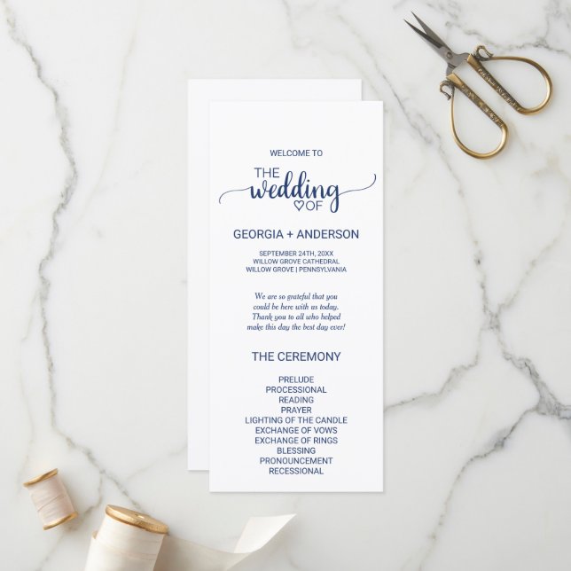 Hochzeitsprogramm für Navy Blue Simple Calligraphy Programm (Vorderseite/Rückseite Beispiel)