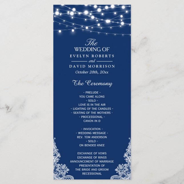 Hochzeitsprogramm für Navy Blue String Lights Lace Programm (Vorderseite)