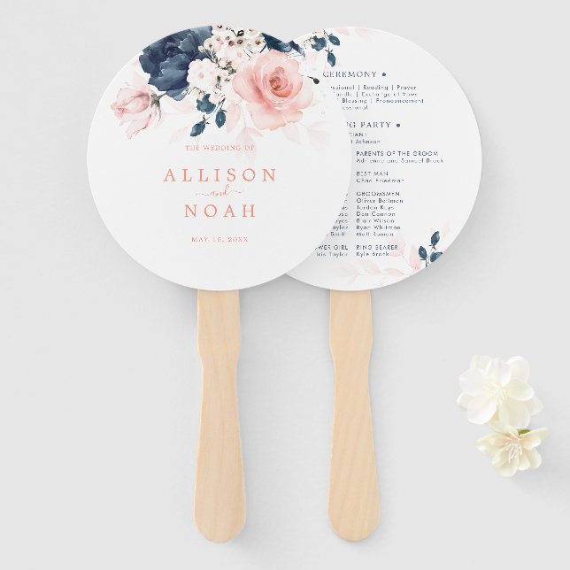 Hochzeitsprogramm für Navy Blue und Blush Pink Fächer (Vorne und Hinten)