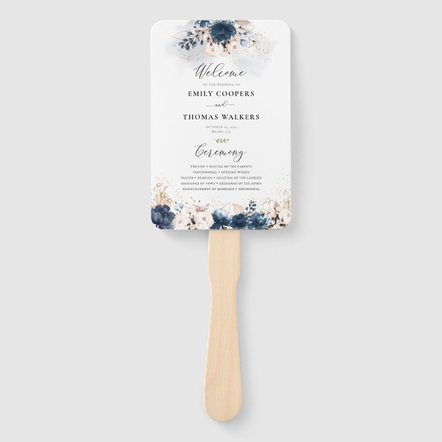 Hochzeitsprogramm für Navy Blue und Dusty Rose Han Fächer (Vorderseite)