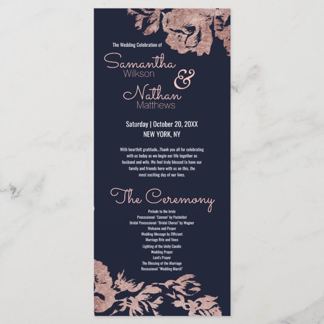 Hochzeitsprogramm für Navy Blue und Rose Gold Flor Programm (Vorderseite)