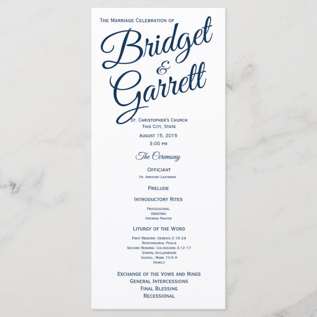 Hochzeitsprogramm für Navy Blue und White Programm (Vorderseite)