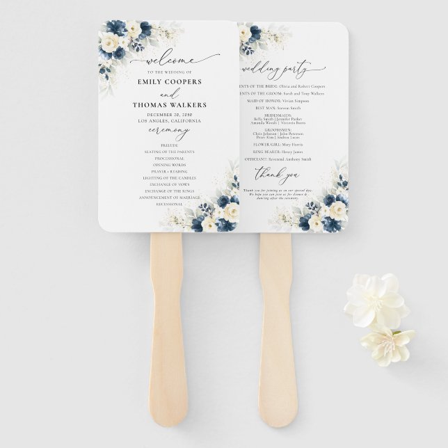 Hochzeitsprogramm für Navy Blue und White Roses Ha Fächer (Vorne und Hinten)