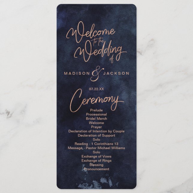 Hochzeitsprogramm für Navy Blue Watercolor & Rose  Programm (Vorderseite)