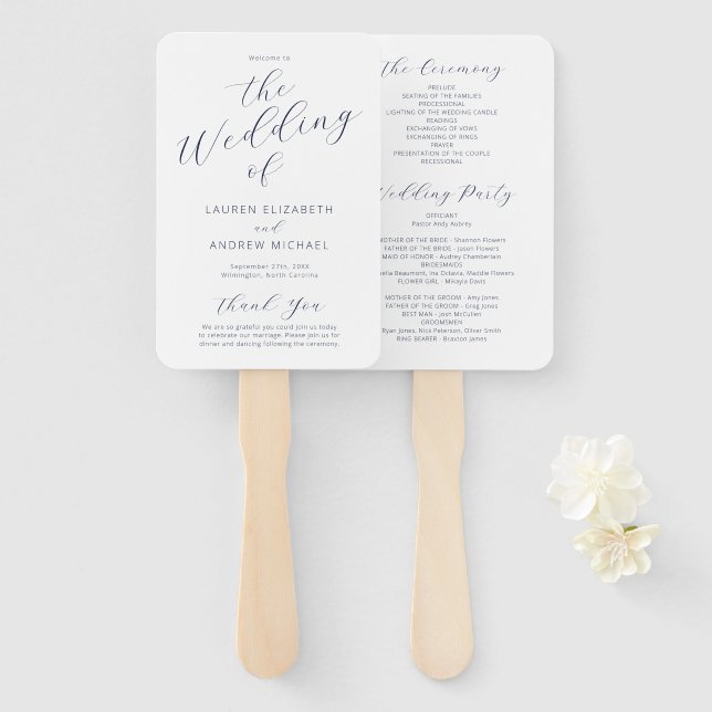 Hochzeitsprogramm für Navy Blue White Modern Calli Fächer (Vorne und Hinten)
