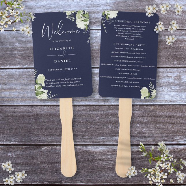 Hochzeitsprogramm für Navy Blütengrün Fächer (Navy Blue Floral Greenery Wedding Program Hand Fan)