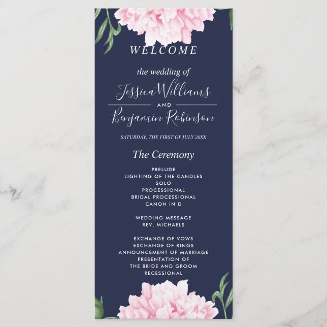 Hochzeitsprogramm für Navy Pink Peony Watercolor Menükarte (Vorderseite)
