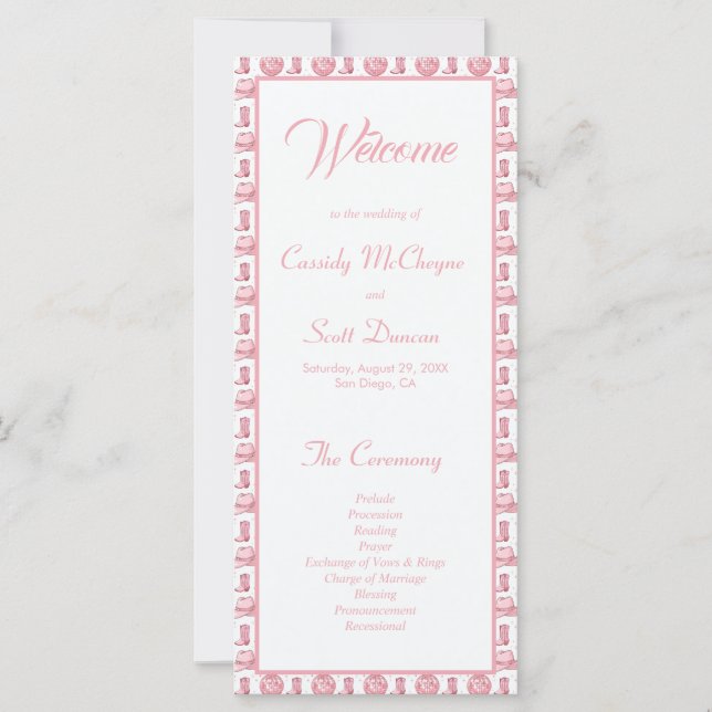 Hochzeitsprogramm für niedlich-rosa-Western (Vorderseite)