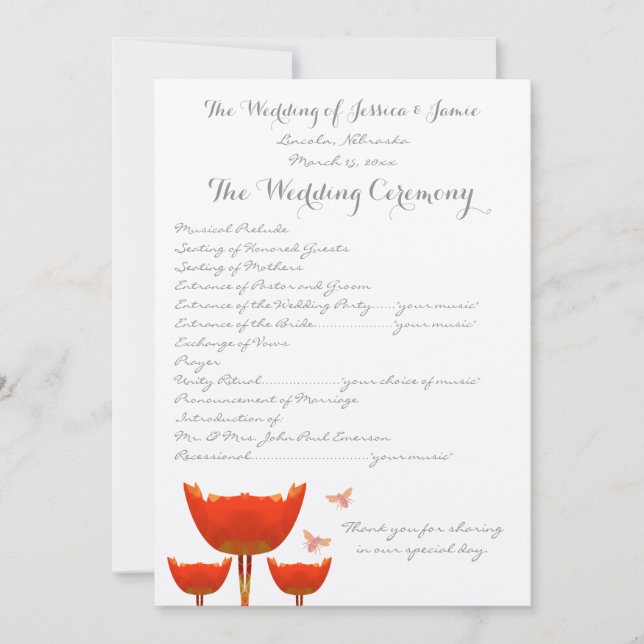 Hochzeitsprogramm für Orange Poppies & Bumble Bees Einladung (Vorderseite)