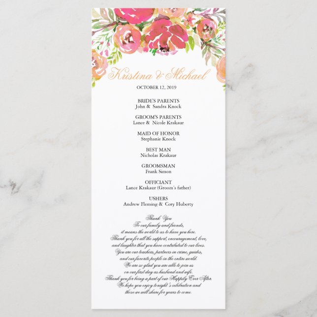 Hochzeitsprogramm für Peach & Coral Floral Programm (Vorderseite)