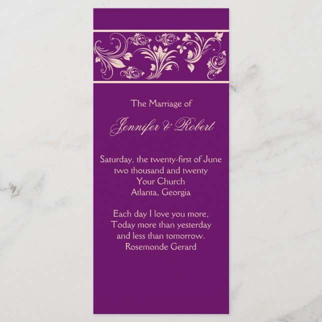 Hochzeitsprogramm für Pflaumen und Champagner Programm (Vorderseite)