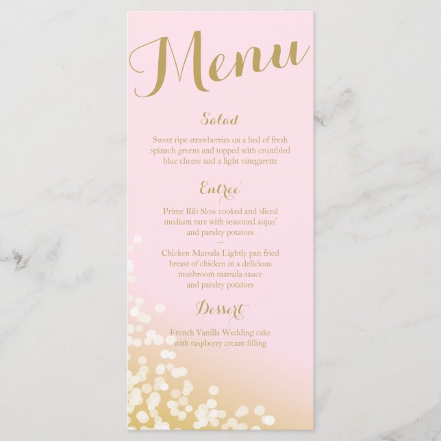 Hochzeitsprogramm für Pink und Gold Twinkle Lights Menükarte (Vorderseite)