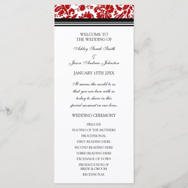 Hochzeitsprogramm für Red Black Damask Programm (Vorderseite)