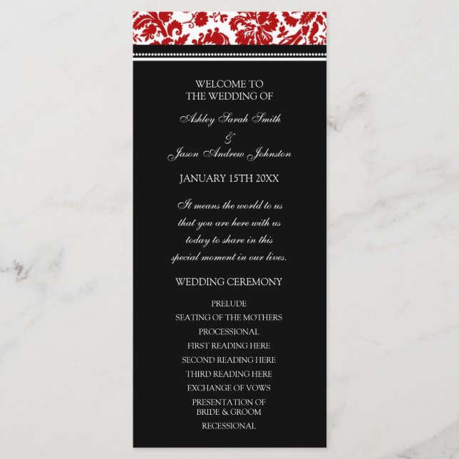 Hochzeitsprogramm für Red Black Damask Programm (Vorderseite)