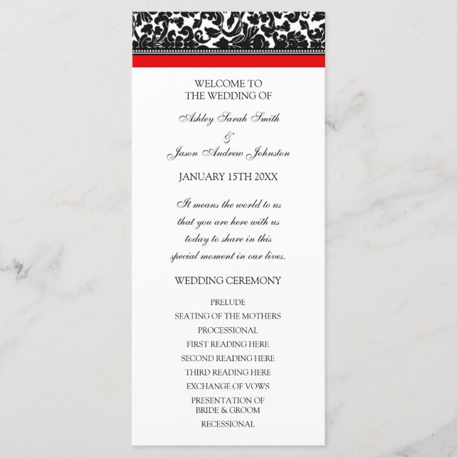 Hochzeitsprogramm für Red Black Damask Programm (Vorderseite)