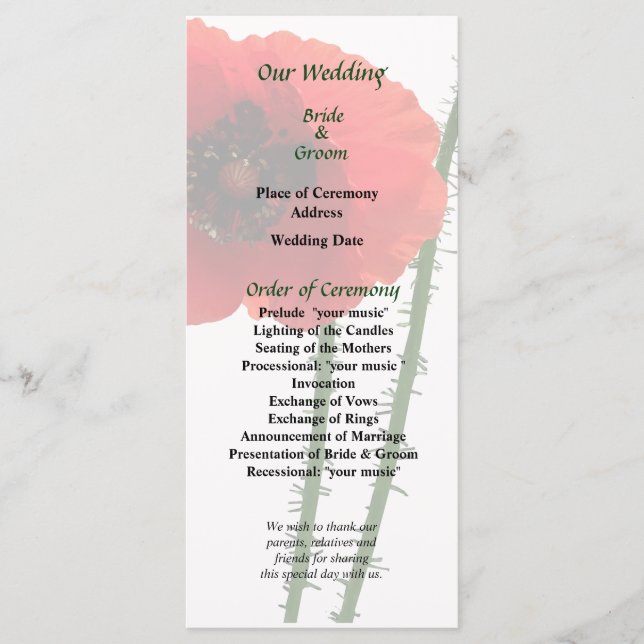 Hochzeitsprogramm für Red Poppy und Bud Programm (Vorderseite)