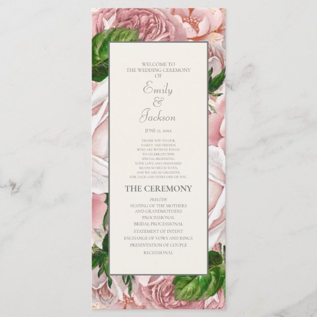 Hochzeitsprogramm für Rosa Blütencreme Programm (Vorderseite)