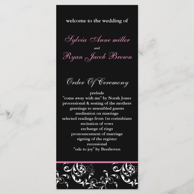 Hochzeitsprogramm für rosa Damast Programm (Vorderseite)