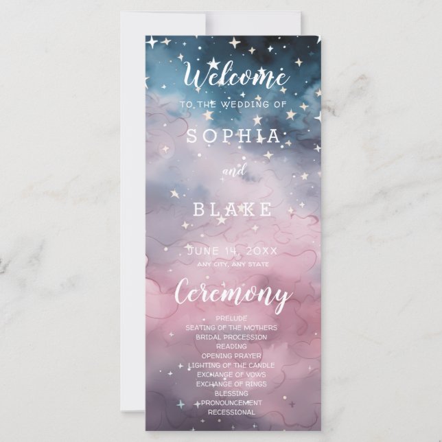 Hochzeitsprogramm für Rosa und Blaue Sterne (Vorderseite)
