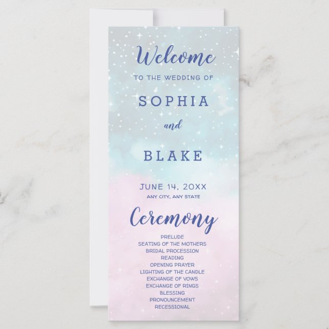 Hochzeitsprogramm für Rosa und Blaue Sterne (Vorderseite)