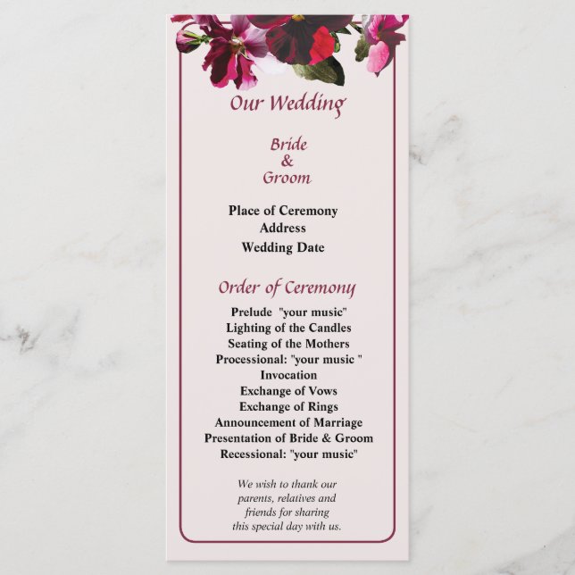 Hochzeitsprogramm für Rosa und Magenta-Stiefmütter Programm (Vorderseite)