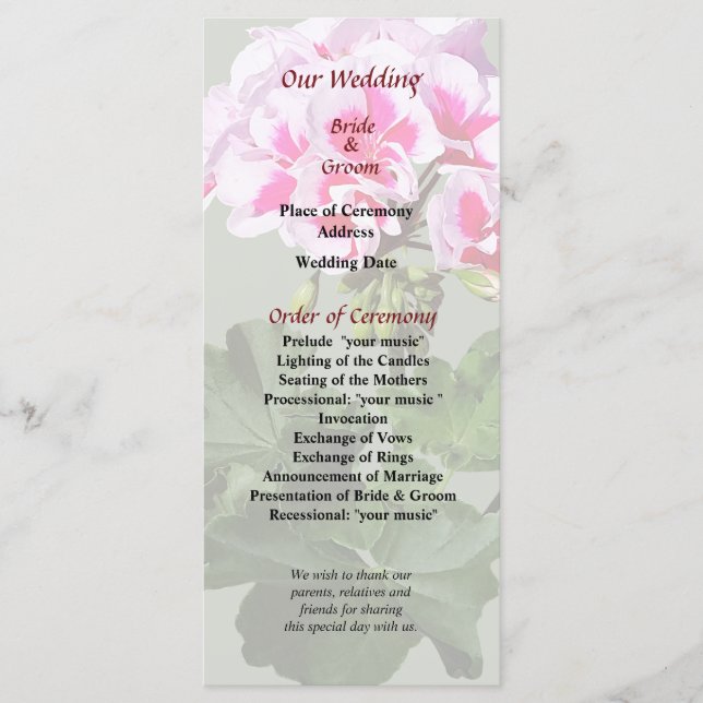 Hochzeitsprogramm für Rosa und Rotes Geranium Programm (Vorderseite)
