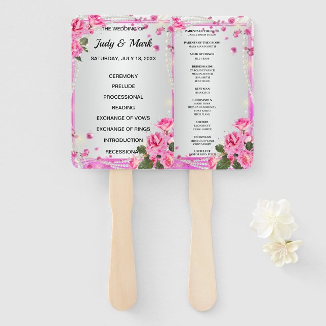 Hochzeitsprogramm für Rosen und Perlen Fächer (Vorne und Hinten)