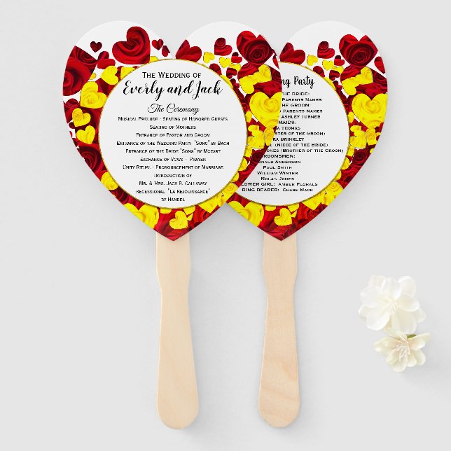 Hochzeitsprogramm für Rote und Gelbe Herzen und Ro Fächer (Vorne und Hinten)