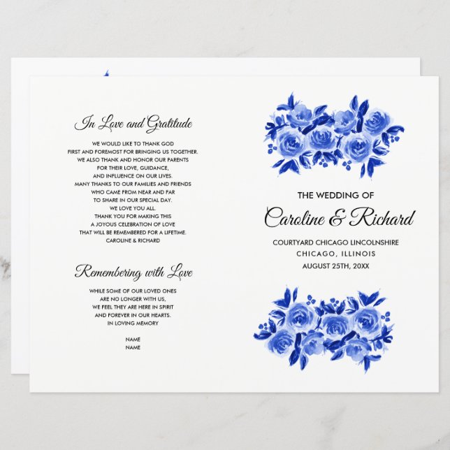 Hochzeitsprogramm für Royal Blue Floral Watercolor (Vorne/Hinten)