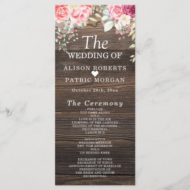 Hochzeitsprogramm für rustikale Holzflorenleuchten Programm (Vorderseite)