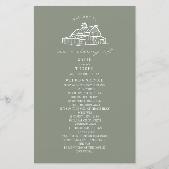 Hochzeitsprogramm für rustikale Scheunenweiden (Vorderseite)