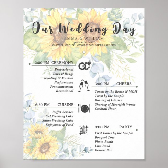 Hochzeitsprogramm für rustikale Sonnenblumen Poster (Vorne)