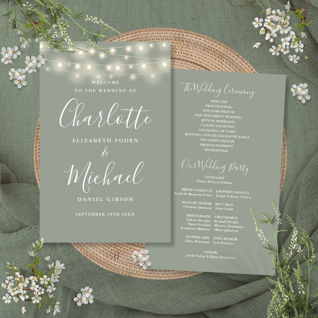 Hochzeitsprogramm für sattelgrüne String-Lichter (Sage Green String Lights Wedding Program)