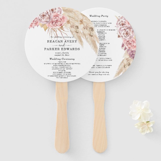 Hochzeitsprogramm für schöne getrocknete Pampas-Gr Fächer (Vorne und Hinten)