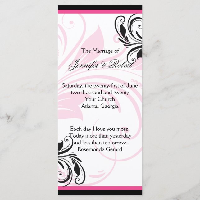 Hochzeitsprogramm für Schwarz und Dunkelrosa Programm (Vorderseite)