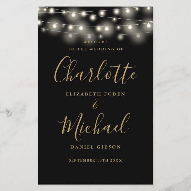 Hochzeitsprogramm für Schwarz und Gold String Ligh (Vorderseite)