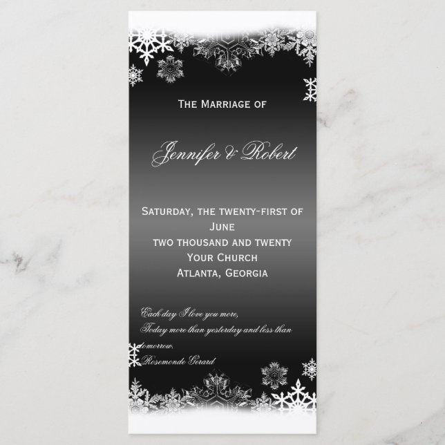 Hochzeitsprogramm für Schwarz-Weiß-Schneeflocken Programm (Vorderseite)