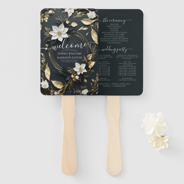 Hochzeitsprogramm für Schwarz-weiße und goldene Bl Fächer (Vorne und Hinten)