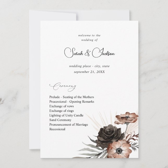 Hochzeitsprogramm für Schwarze und Naturflora 2 Einladung (Vorderseite)