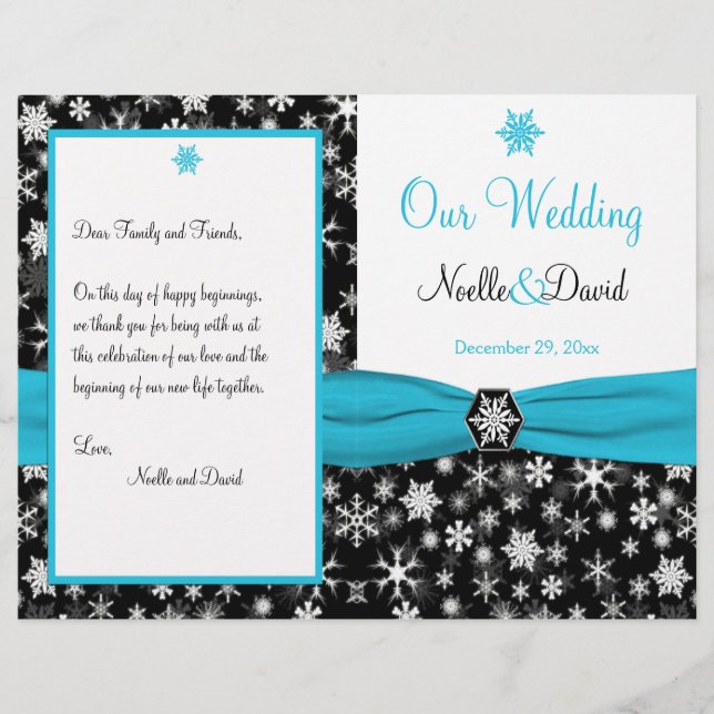 Hochzeitsprogramm für Schwarze, Weiße und Aqua-Sch (Vorderseite)