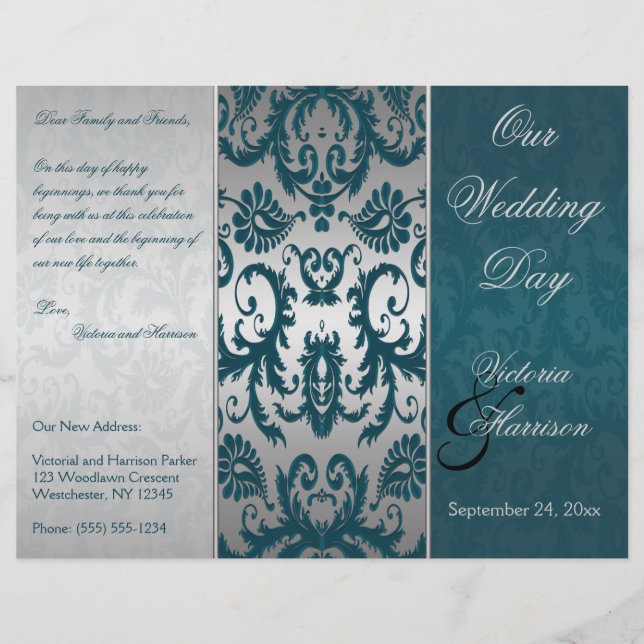 Hochzeitsprogramm für Silber und Aquamarine Damask (Vorderseite)