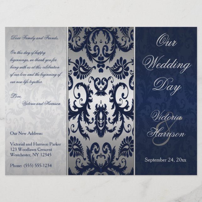 Hochzeitsprogramm für Silber und Navy Blue Damask (Vorderseite)