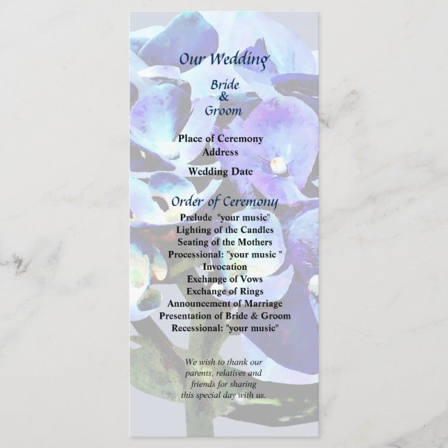 Hochzeitsprogramm für Small Blue Hydrangea Programm (Vorderseite)