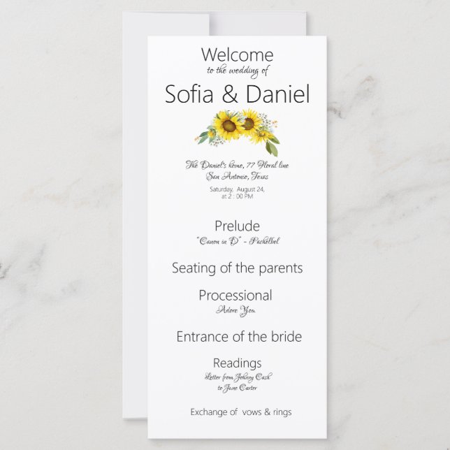 Hochzeitsprogramm für Sonnenblumen Flat Card (Vorderseite)