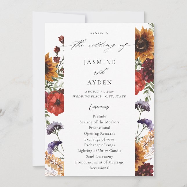 Hochzeitsprogramm für Sonnenblumen und Wildblumen Einladung (Vorderseite)