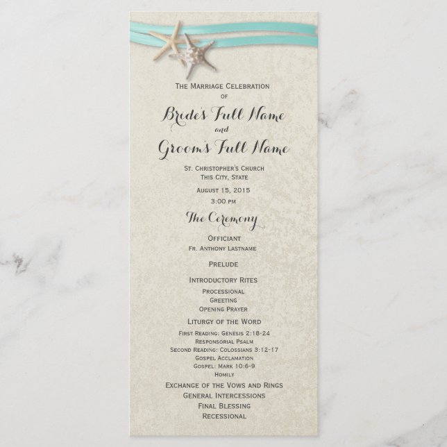 Hochzeitsprogramm für Starfish und Aqua Ribbon Programm (Vorderseite)