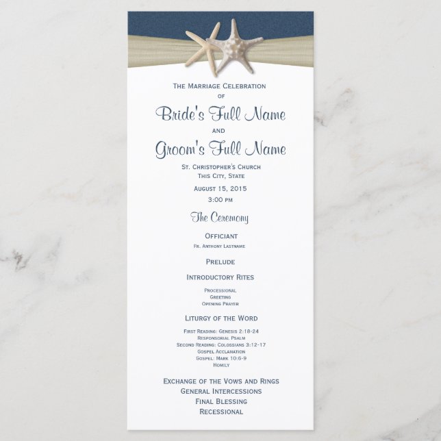 Hochzeitsprogramm für Starfish und Burlap Blue Bea Programm (Vorderseite)